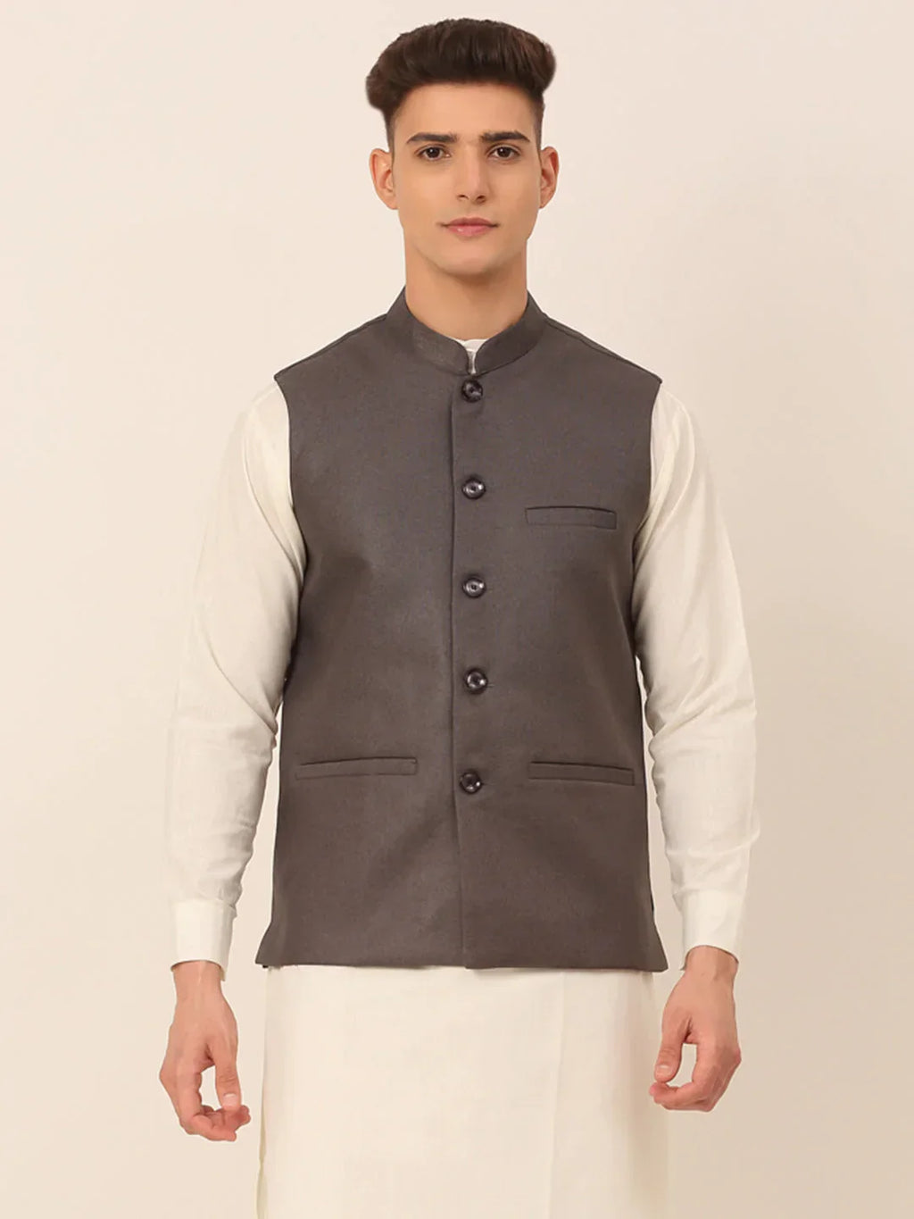 Jompers Men's Charcoal Grey Solid Woven Sleeveless Nehru Jackets | Grocsy