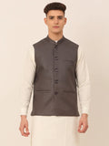 Jompers Men's Charcoal Grey Solid Woven Sleeveless Nehru Jackets | Grocsy