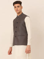 Jompers Men's Charcoal Grey Solid Woven Sleeveless Nehru Jackets | Grocsy