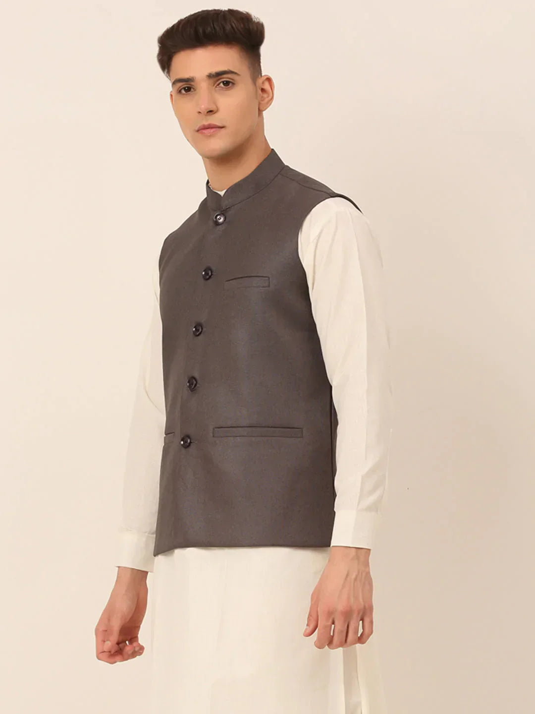 Jompers Men's Charcoal Grey Solid Woven Sleeveless Nehru Jackets | Grocsy
