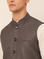 Jompers Men's Charcoal Grey Solid Woven Sleeveless Nehru Jackets | Grocsy