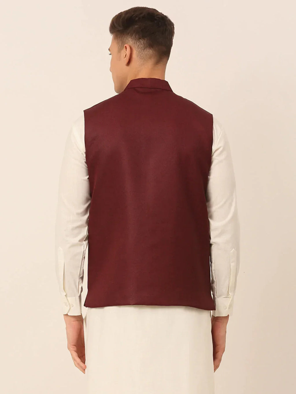 Jompers Men's Maroon Solid Woven Sleeveless Nehru Jackets | Grocsy