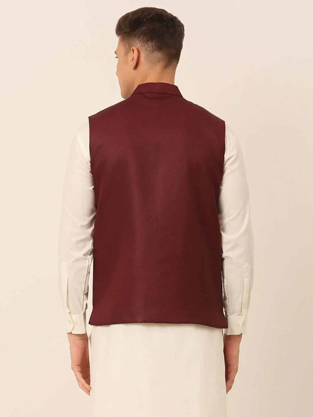 Jompers Men's Maroon Solid Woven Sleeveless Nehru Jackets | Grocsy