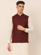 Jompers Men's Maroon Solid Woven Sleeveless Nehru Jackets | Grocsy