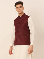 Jompers Men's Maroon Solid Woven Sleeveless Nehru Jackets | Grocsy