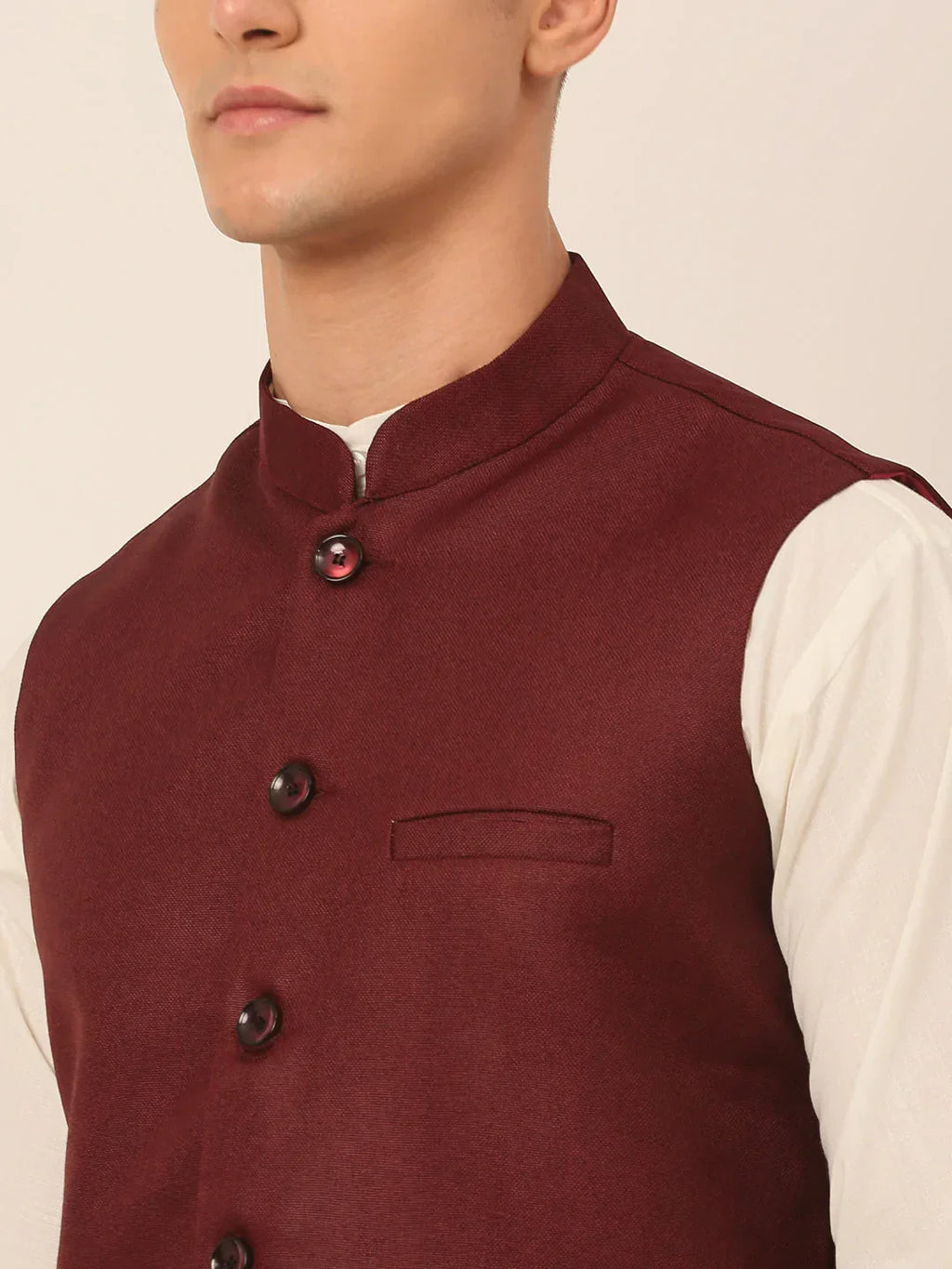 Jompers Men's Maroon Solid Woven Sleeveless Nehru Jackets | Grocsy
