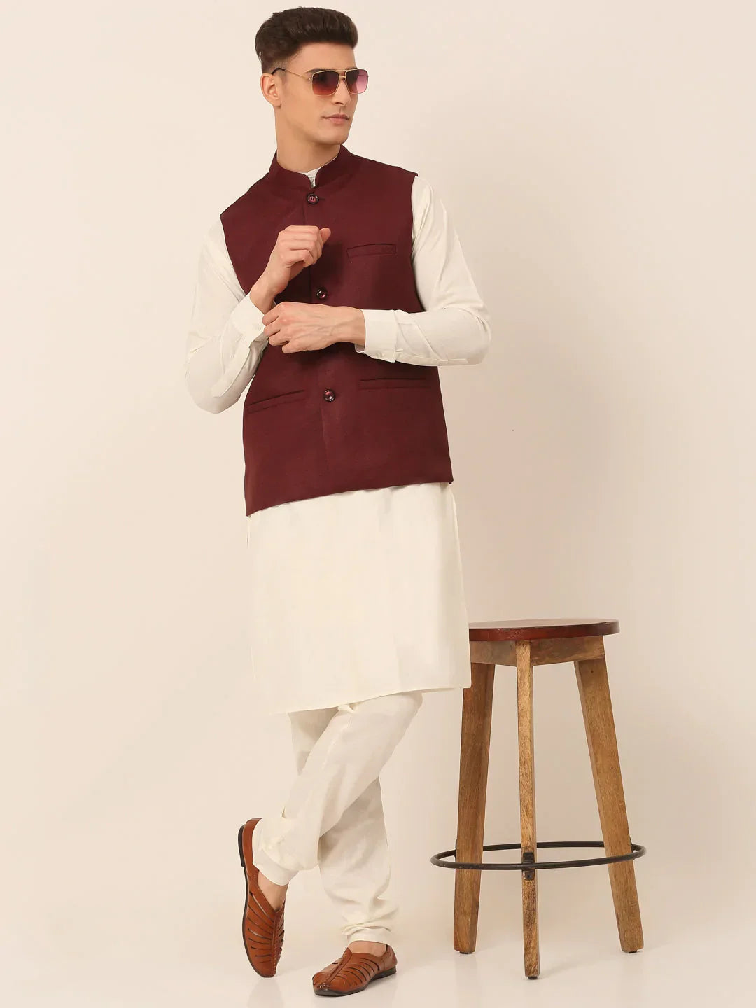 Jompers Men's Maroon Solid Woven Sleeveless Nehru Jackets | Grocsy