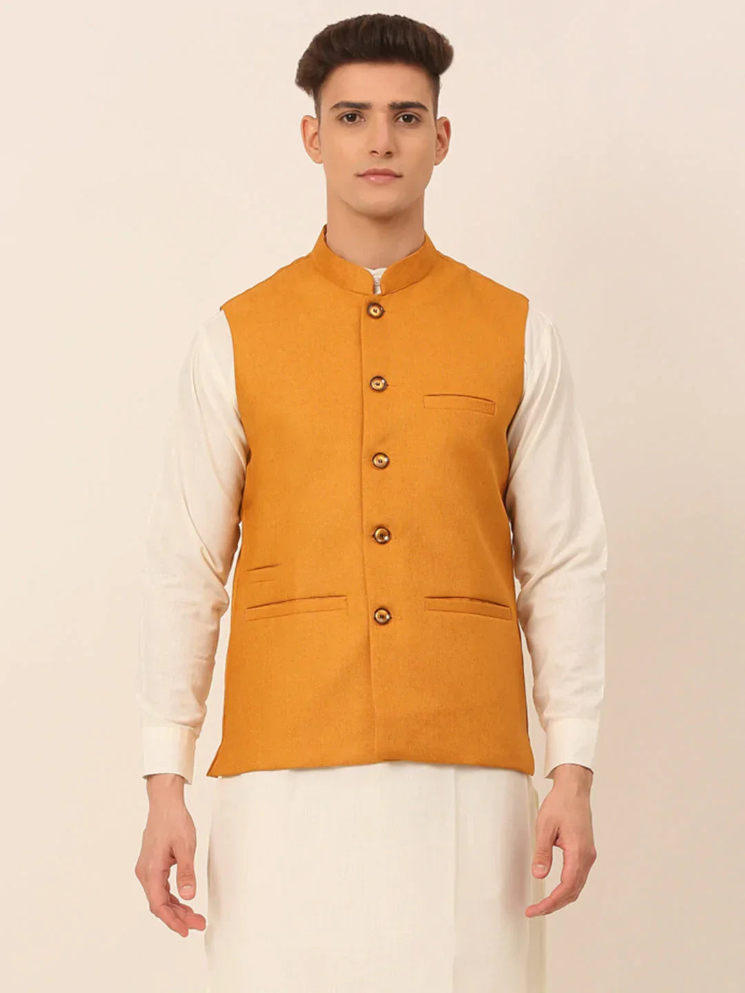 Jompers Men's Mustard Solid Woven Sleeveless Nehru Jackets | Grocsy