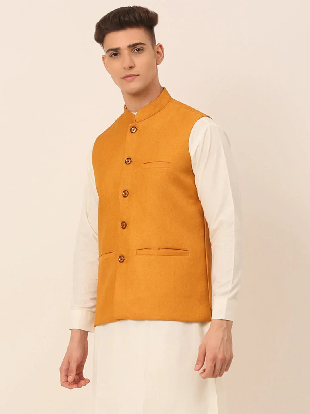 Jompers Men's Mustard Solid Woven Sleeveless Nehru Jackets | Grocsy