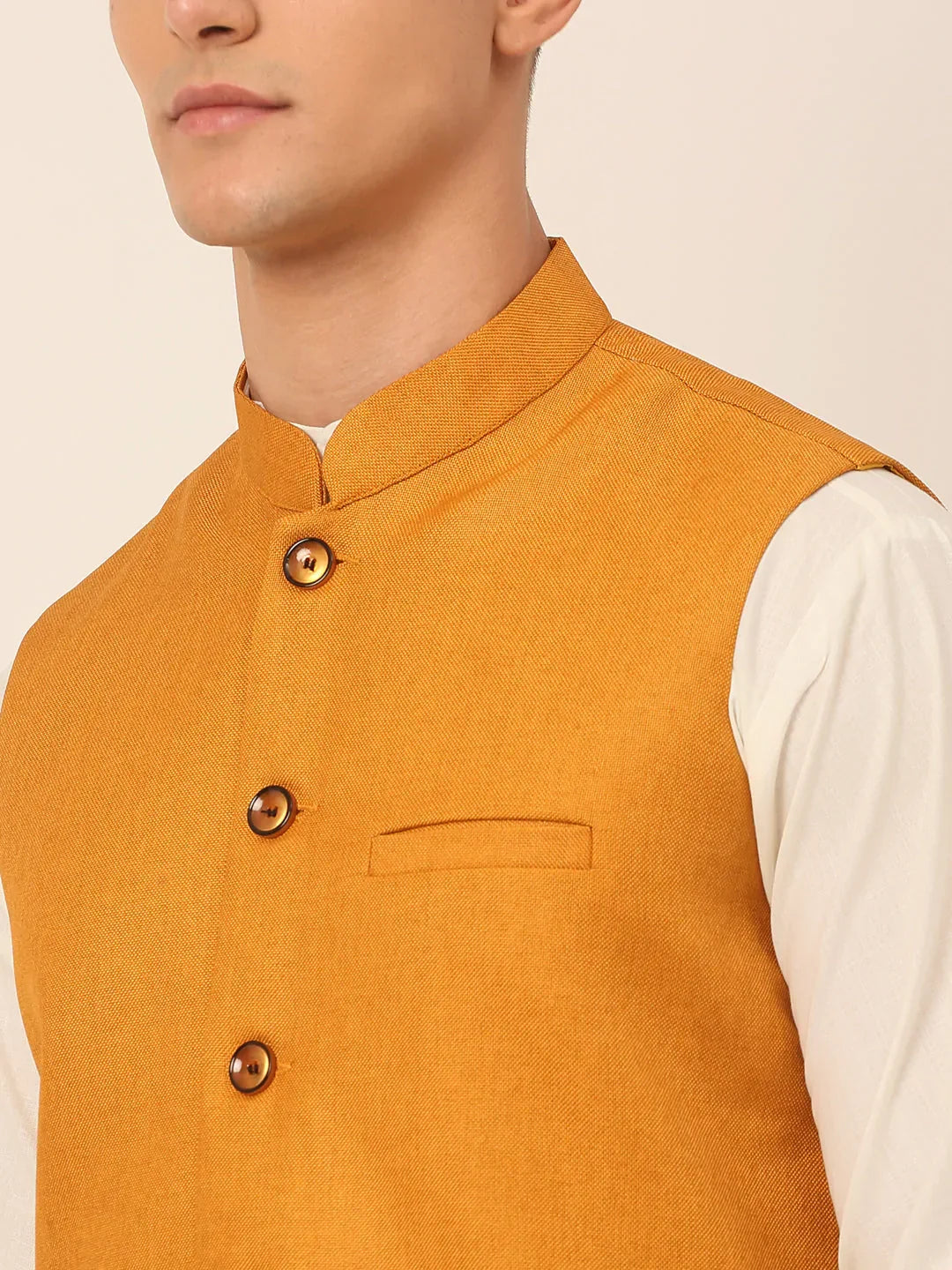 Jompers Men's Mustard Solid Woven Sleeveless Nehru Jackets | Grocsy