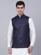 Jompers Men's Navy Blue Solid Woven Sleeveless Nehru Jackets | Grocsy