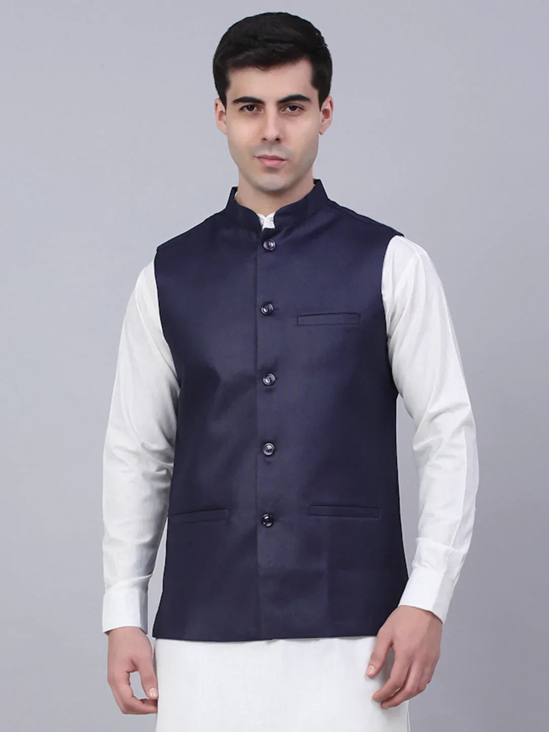 Jompers Men's Navy Blue Solid Woven Sleeveless Nehru Jackets | Grocsy