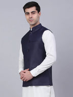 Jompers Men's Navy Blue Solid Woven Sleeveless Nehru Jackets | Grocsy