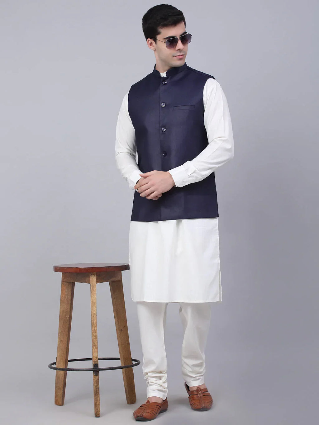Jompers Men's Navy Blue Solid Woven Sleeveless Nehru Jackets | Grocsy