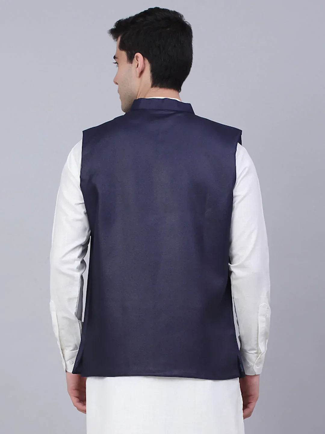 Jompers Men's Navy Blue Solid Woven Sleeveless Nehru Jackets | Grocsy