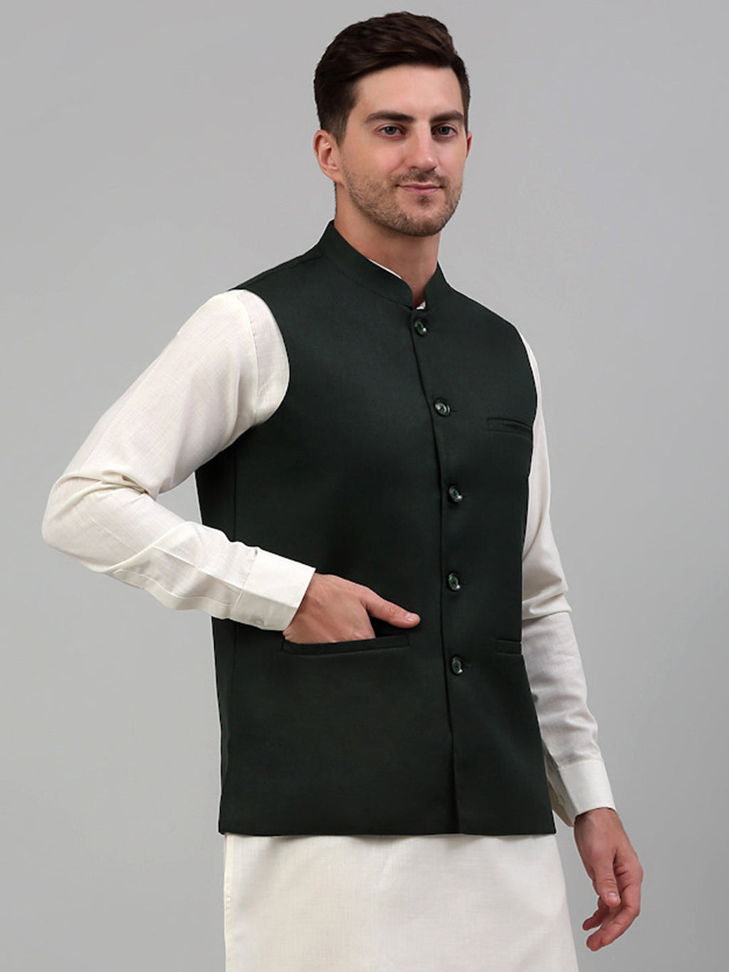 Jompers Men's Olive Green Solid Nehru Jacket | Grocsy