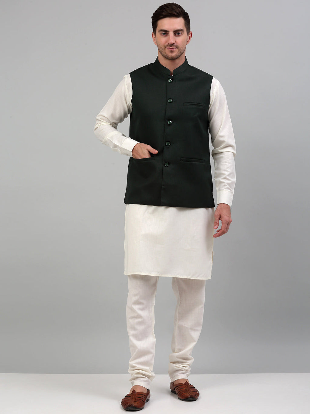 Jompers Men's Olive Green Solid Nehru Jacket | Grocsy