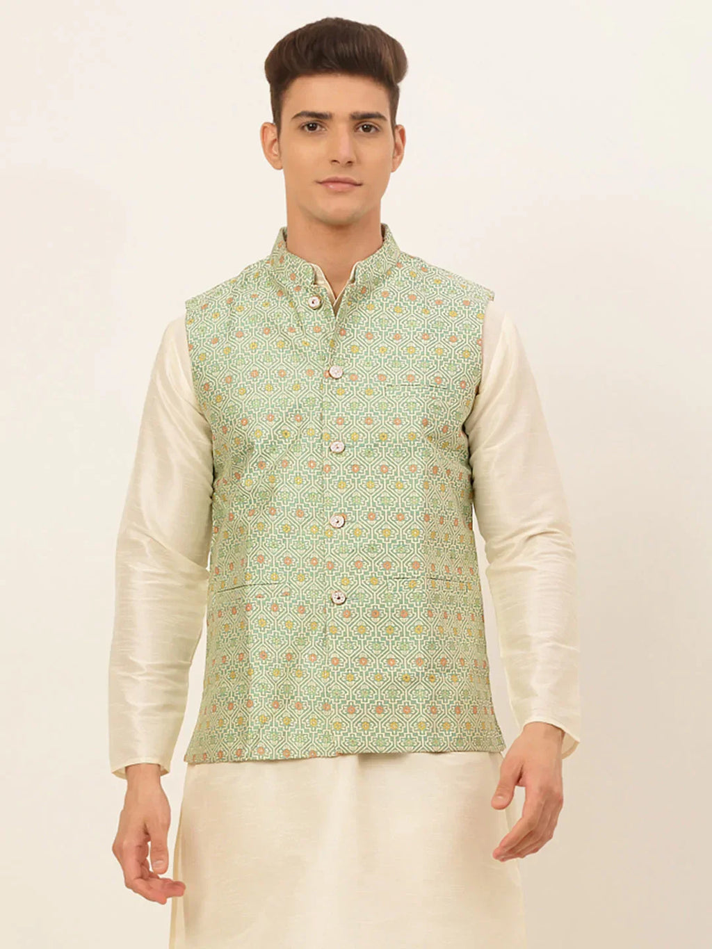 Jompers Men's Green Embroidered Nehru Jacket | Grocsy