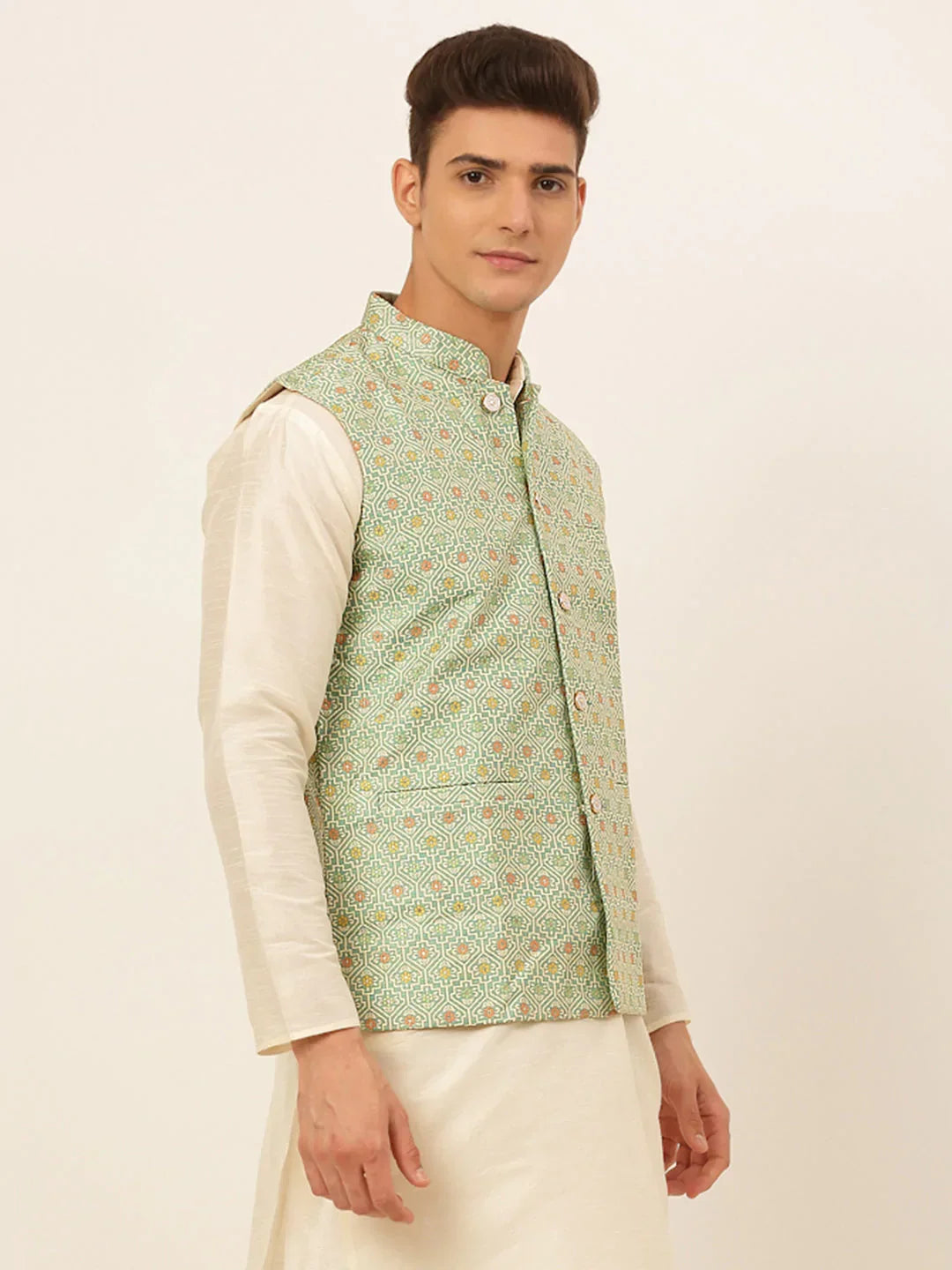 Jompers Men's Green Embroidered Nehru Jacket | Grocsy