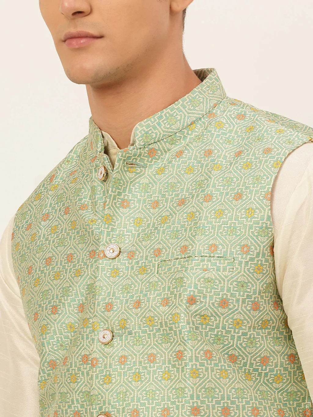 Jompers Men's Green Embroidered Nehru Jacket | Grocsy