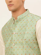 Jompers Men's Green Embroidered Nehru Jacket | Grocsy