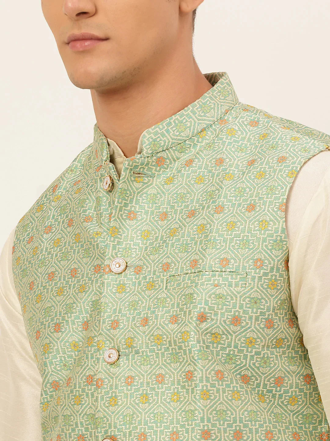 Jompers Men's Green Embroidered Nehru Jacket | Grocsy