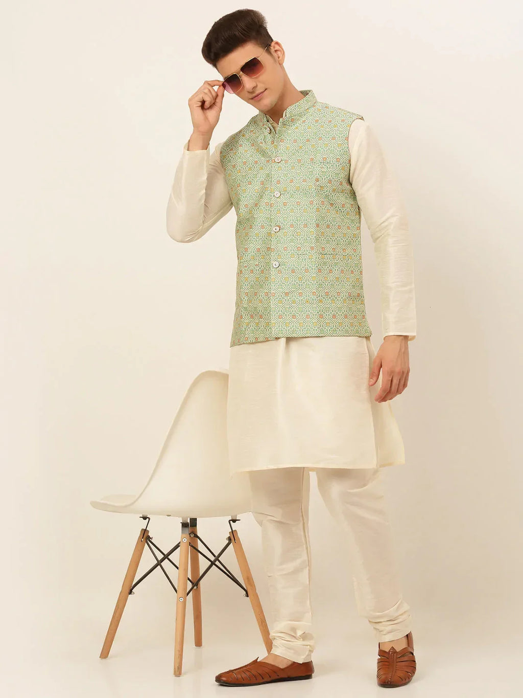 Jompers Men's Green Embroidered Nehru Jacket | Grocsy