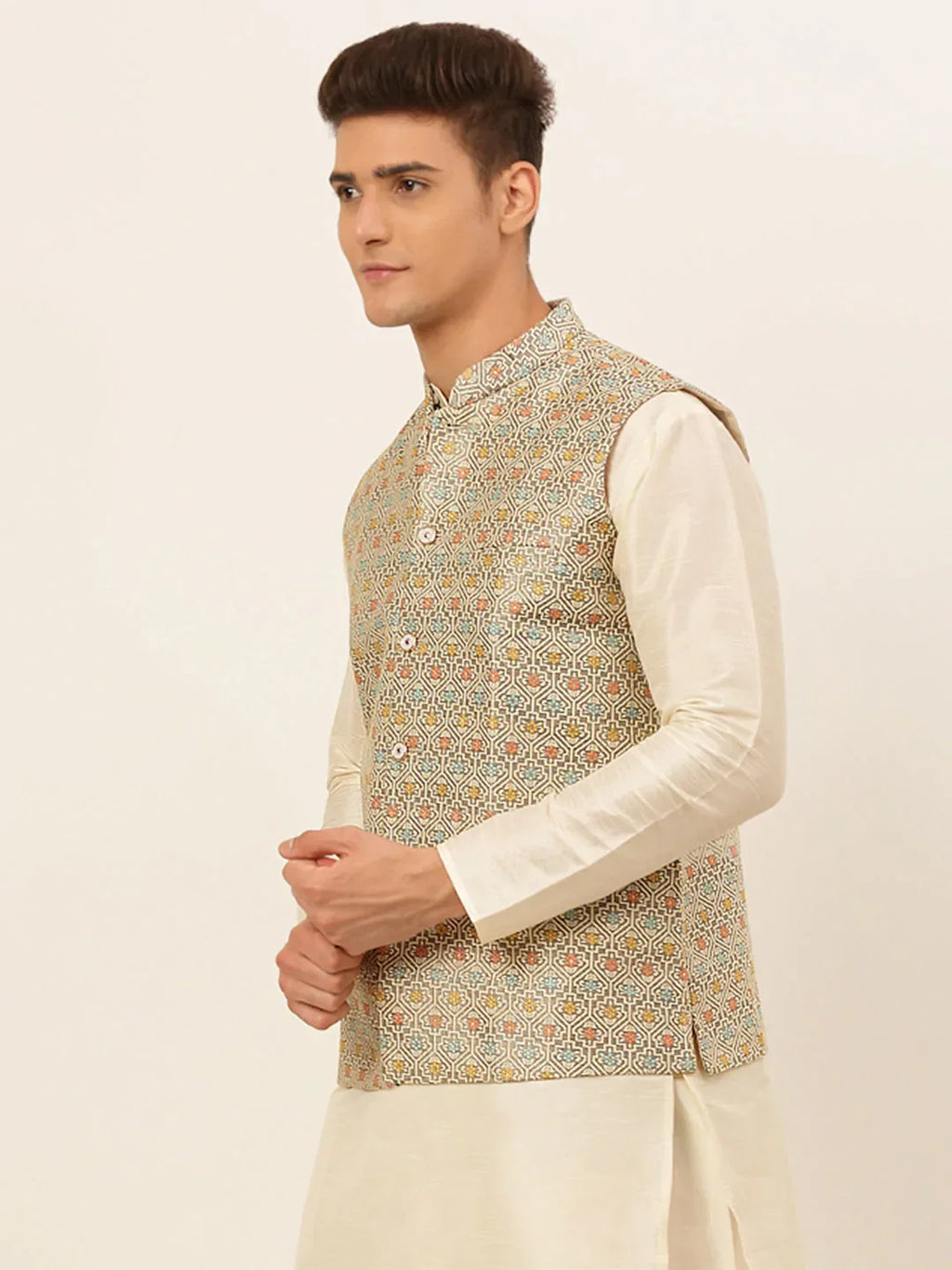 Jompers Men's Grey Embroidered Nehru Jacket | Grocsy