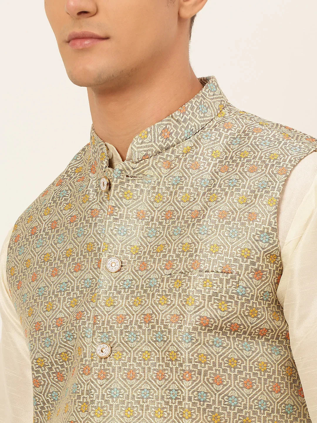 Jompers Men's Grey Embroidered Nehru Jacket | Grocsy
