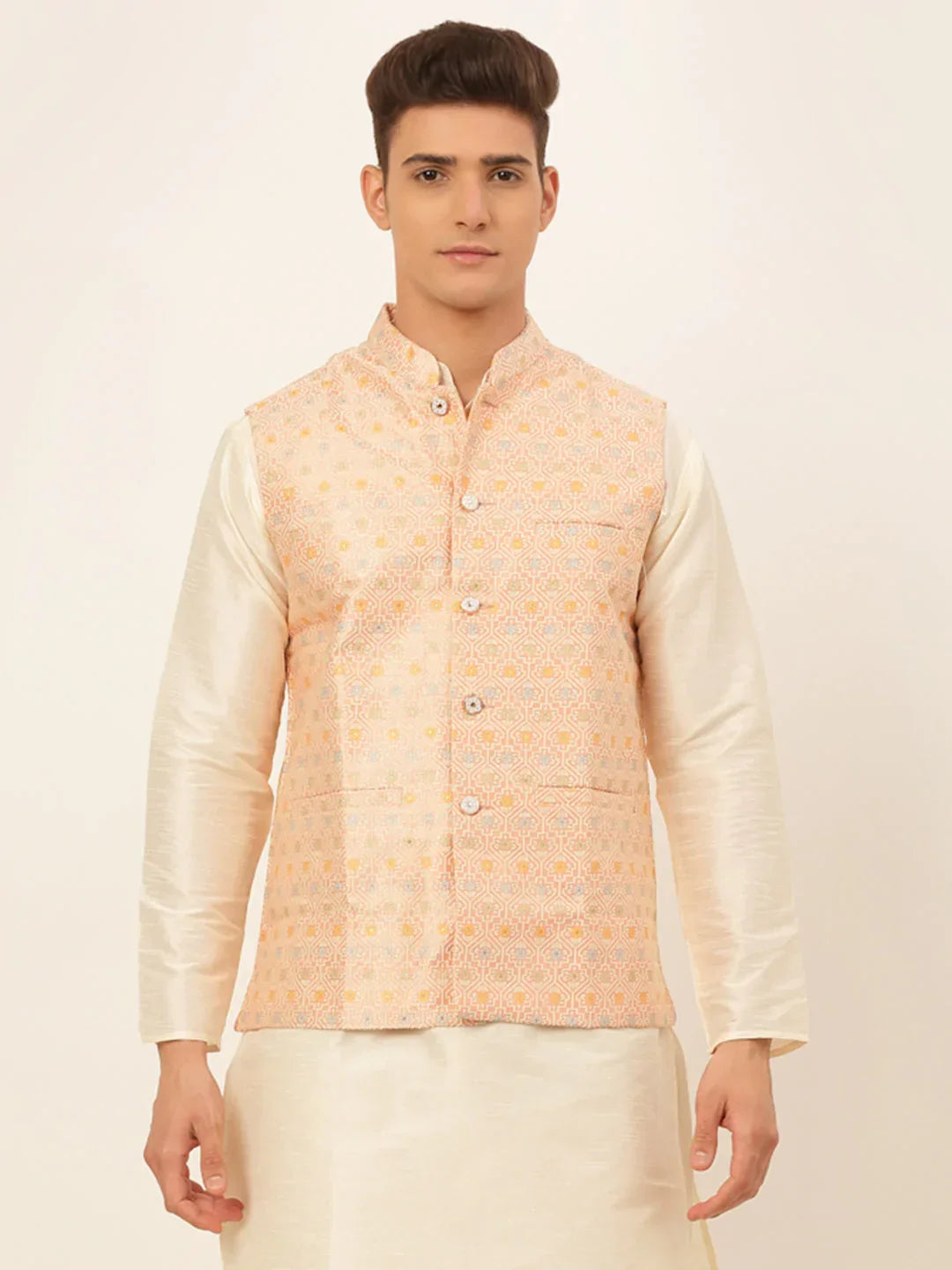 Jompers Men's Pink Embroidered Nehru Jacket | Grocsy