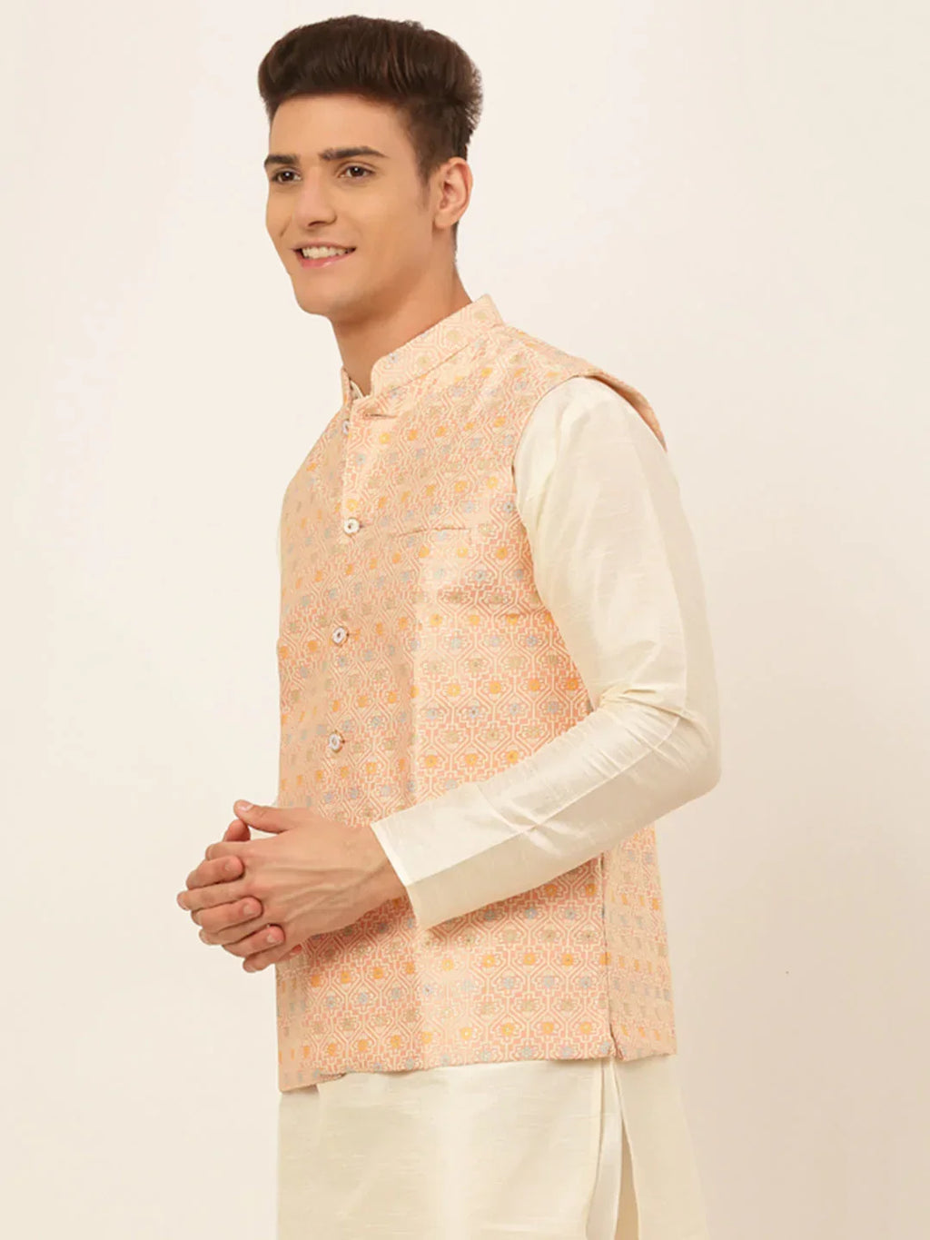 Jompers Men's Pink Embroidered Nehru Jacket | Grocsy