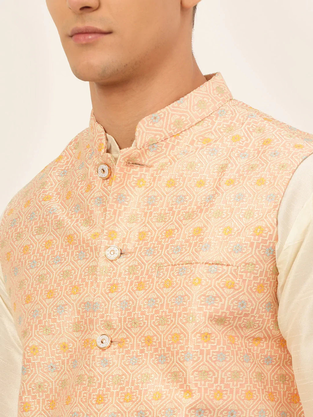 Jompers Men's Pink Embroidered Nehru Jacket | Grocsy