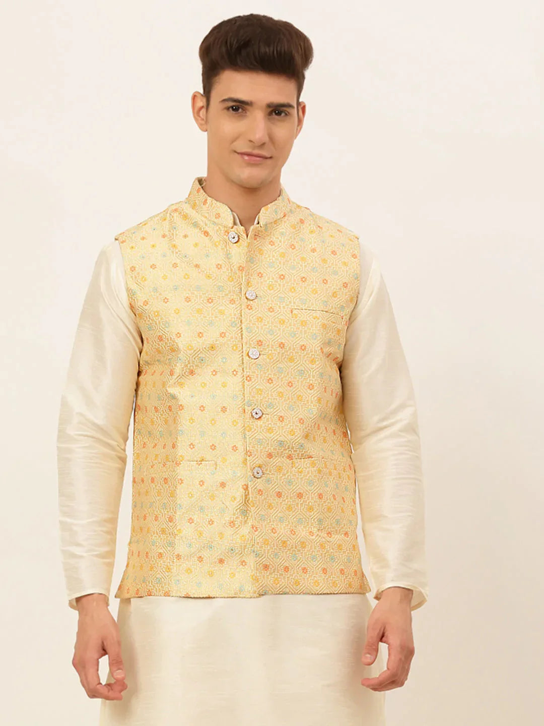 Jompers Men's Yellow Embroidered Nehru Jacket | Grocsy