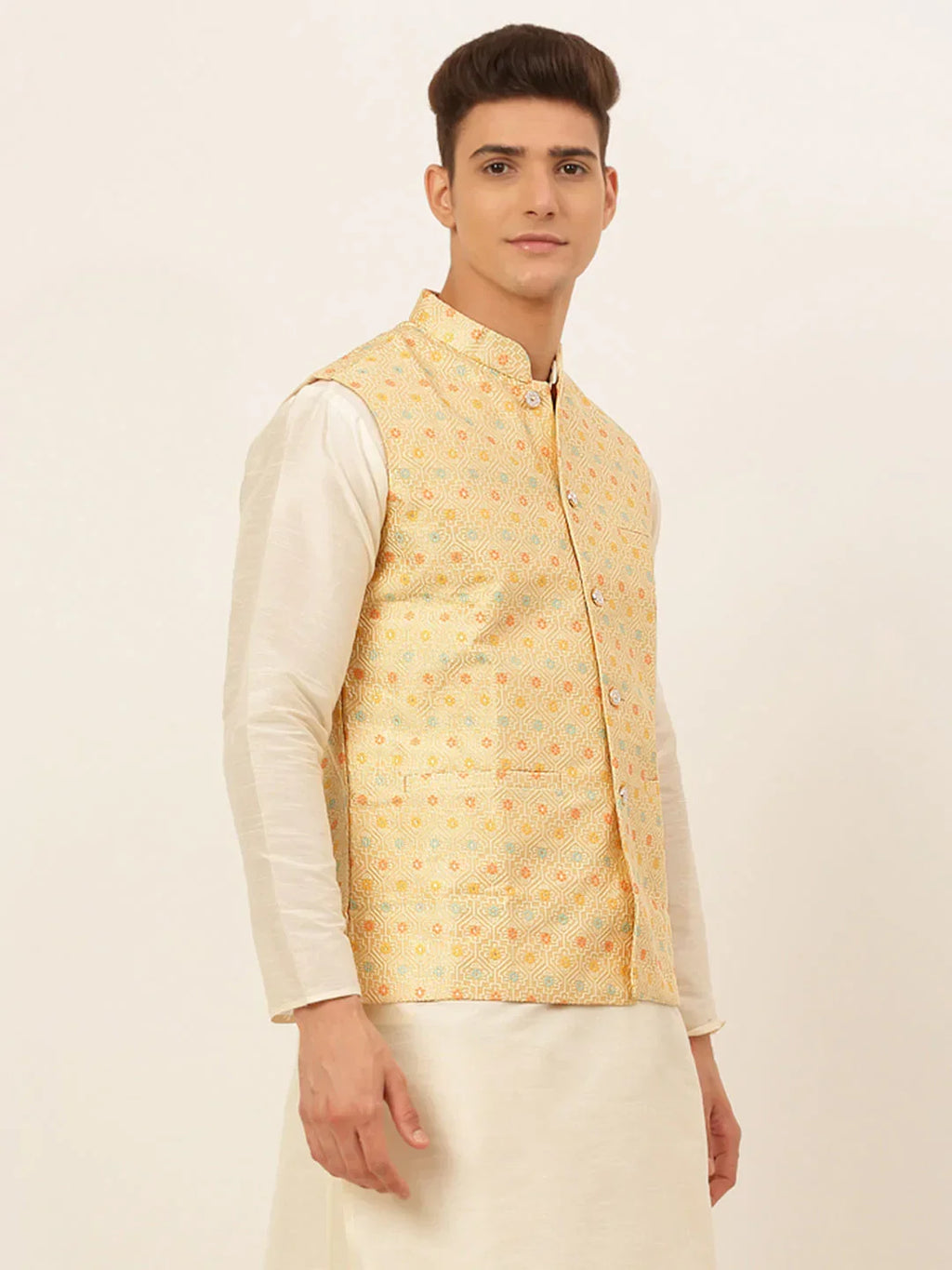 Jompers Men's Yellow Embroidered Nehru Jacket | Grocsy