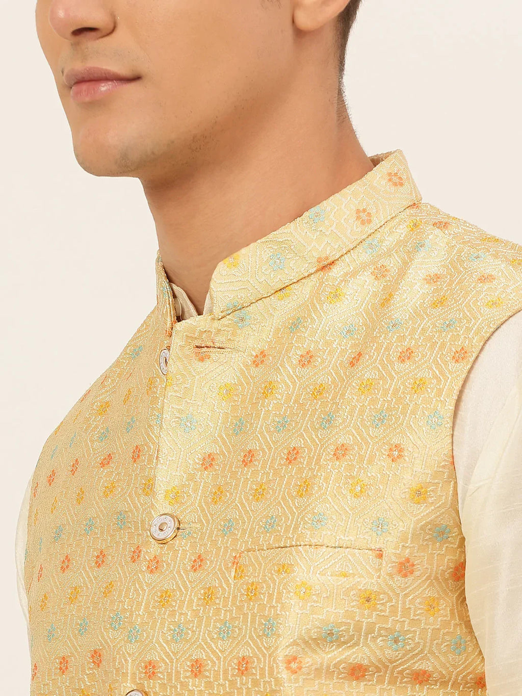 Jompers Men's Yellow Embroidered Nehru Jacket | Grocsy