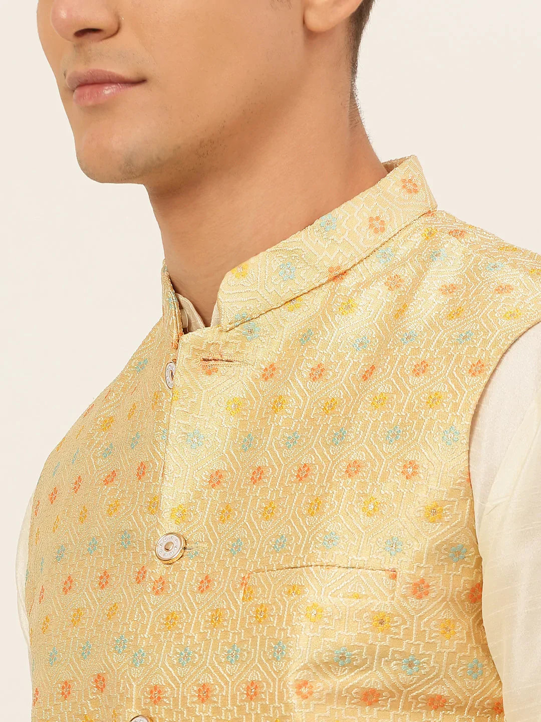Jompers Men's Yellow Embroidered Nehru Jacket | Grocsy