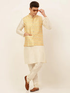 Jompers Men's Yellow Embroidered Nehru Jacket | Grocsy
