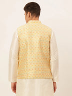 Jompers Men's Yellow Embroidered Nehru Jacket | Grocsy