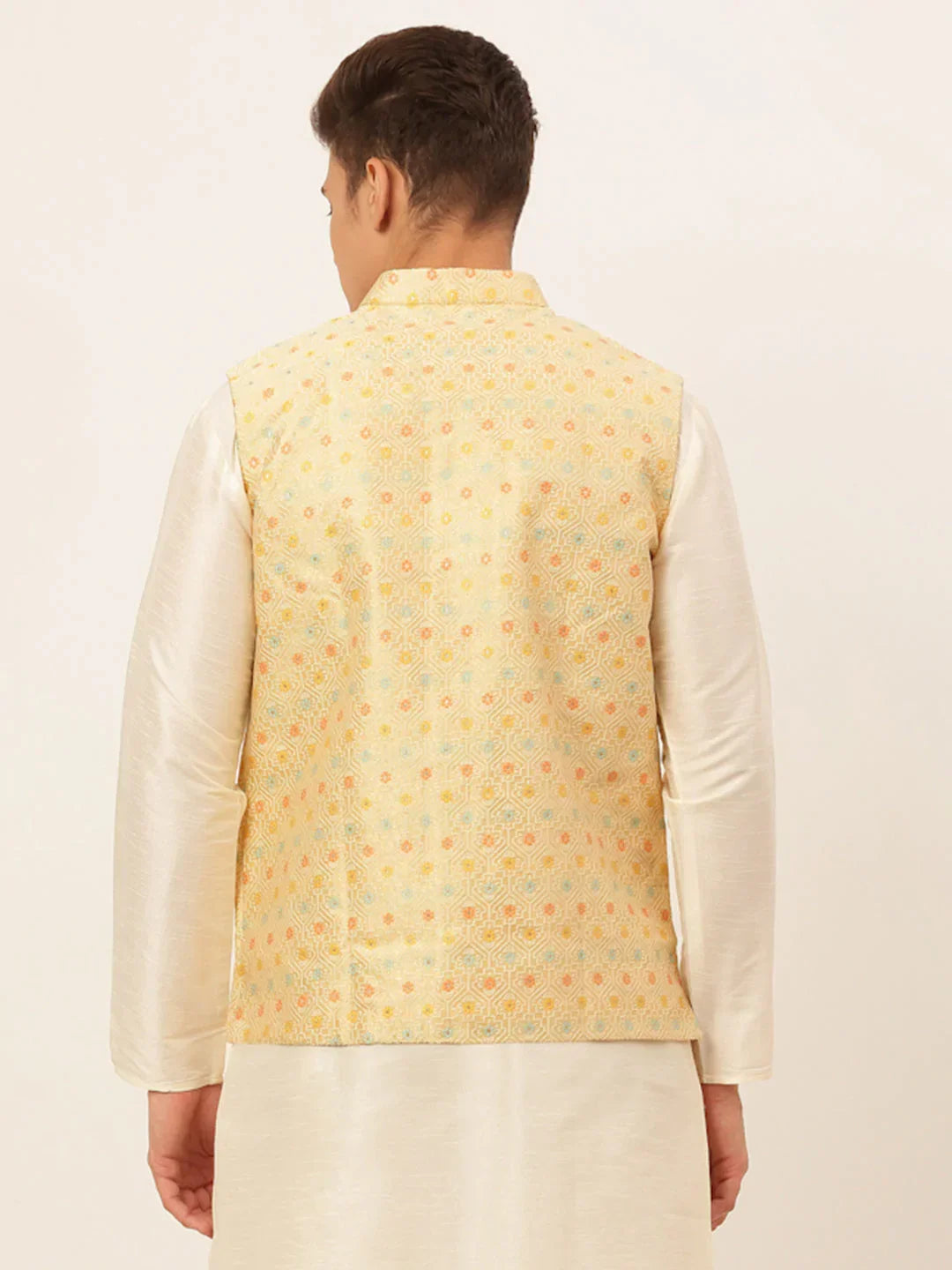 Jompers Men's Yellow Embroidered Nehru Jacket | Grocsy