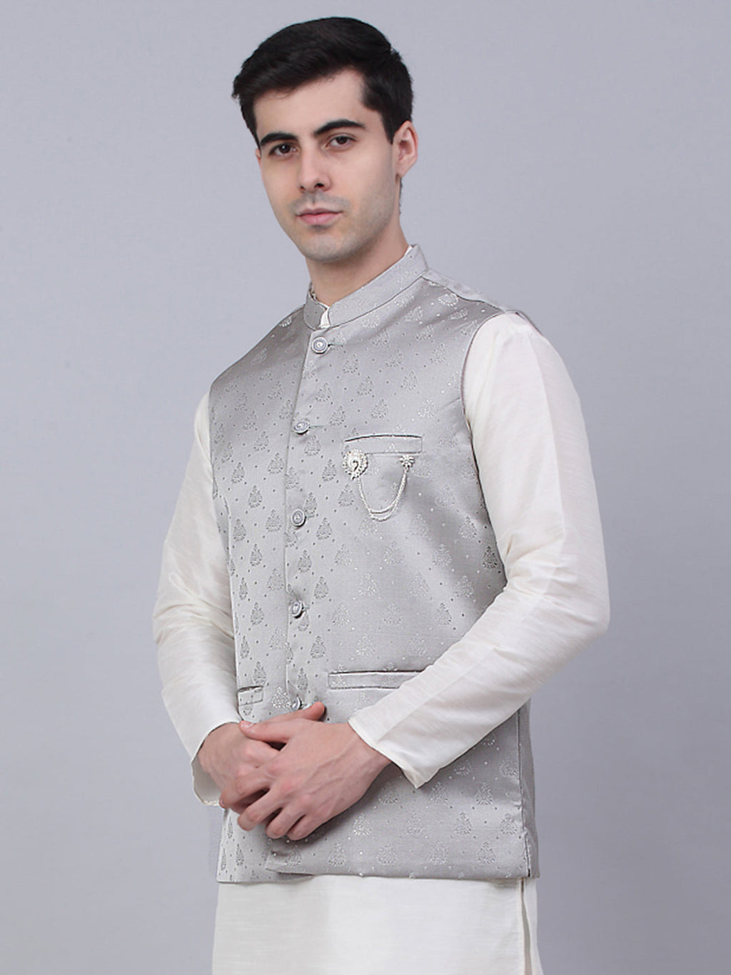 Jompers Men's Grey Woven Design Waistcoats | Grocsy