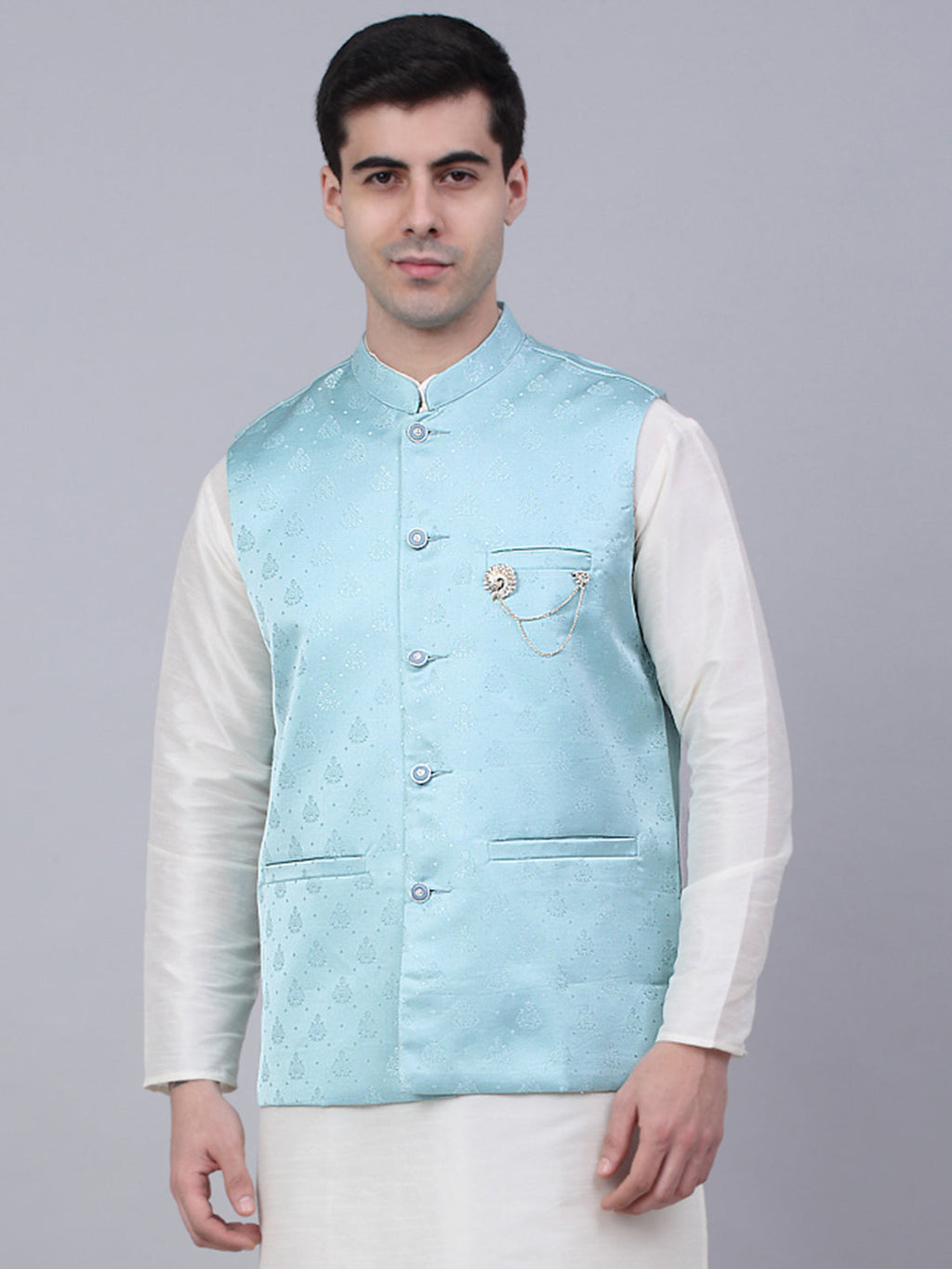 Jompers Men's Sky Blue Woven Design Waistcoats | Grocsy