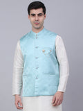 Jompers Men's Sky Blue Woven Design Waistcoats | Grocsy