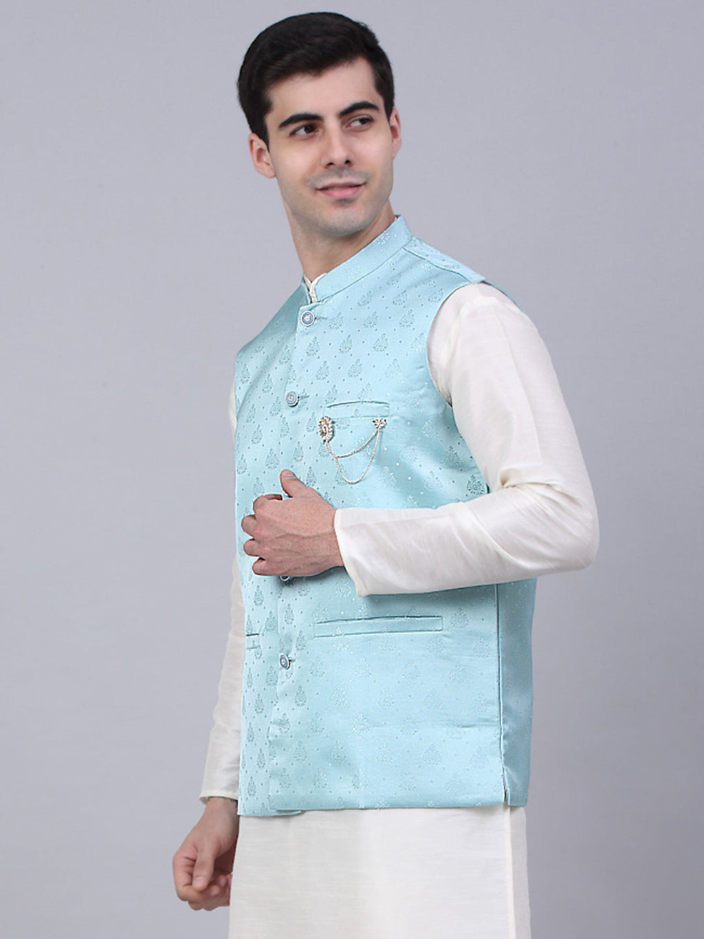 Jompers Men's Sky Blue Woven Design Waistcoats | Grocsy