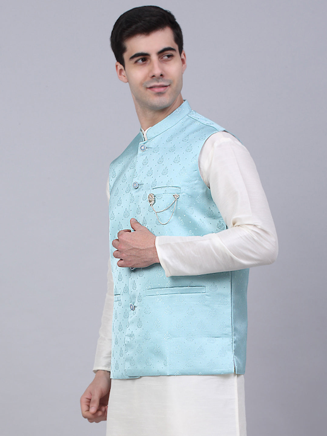 Jompers Men's Sky Blue Woven Design Waistcoats | Grocsy