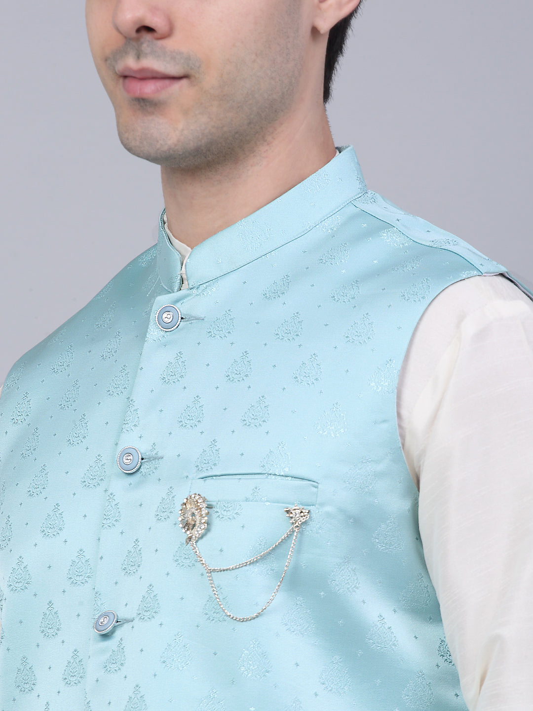 Jompers Men's Sky Blue Woven Design Waistcoats | Grocsy