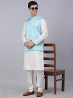 Jompers Men's Sky Blue Woven Design Waistcoats | Grocsy