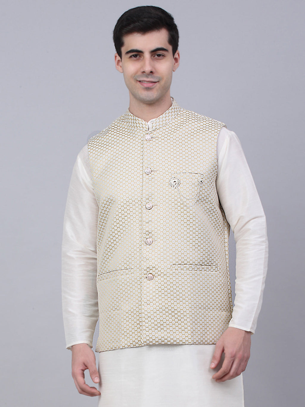 Jompers Men's Beige Woven Design Waistcoats | Grocsy