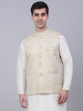 Jompers Men's Beige Woven Design Waistcoats | Grocsy