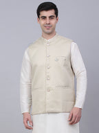 Jompers Men's Beige Woven Design Waistcoats | Grocsy