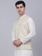 Jompers Men's Beige Woven Design Waistcoats | Grocsy